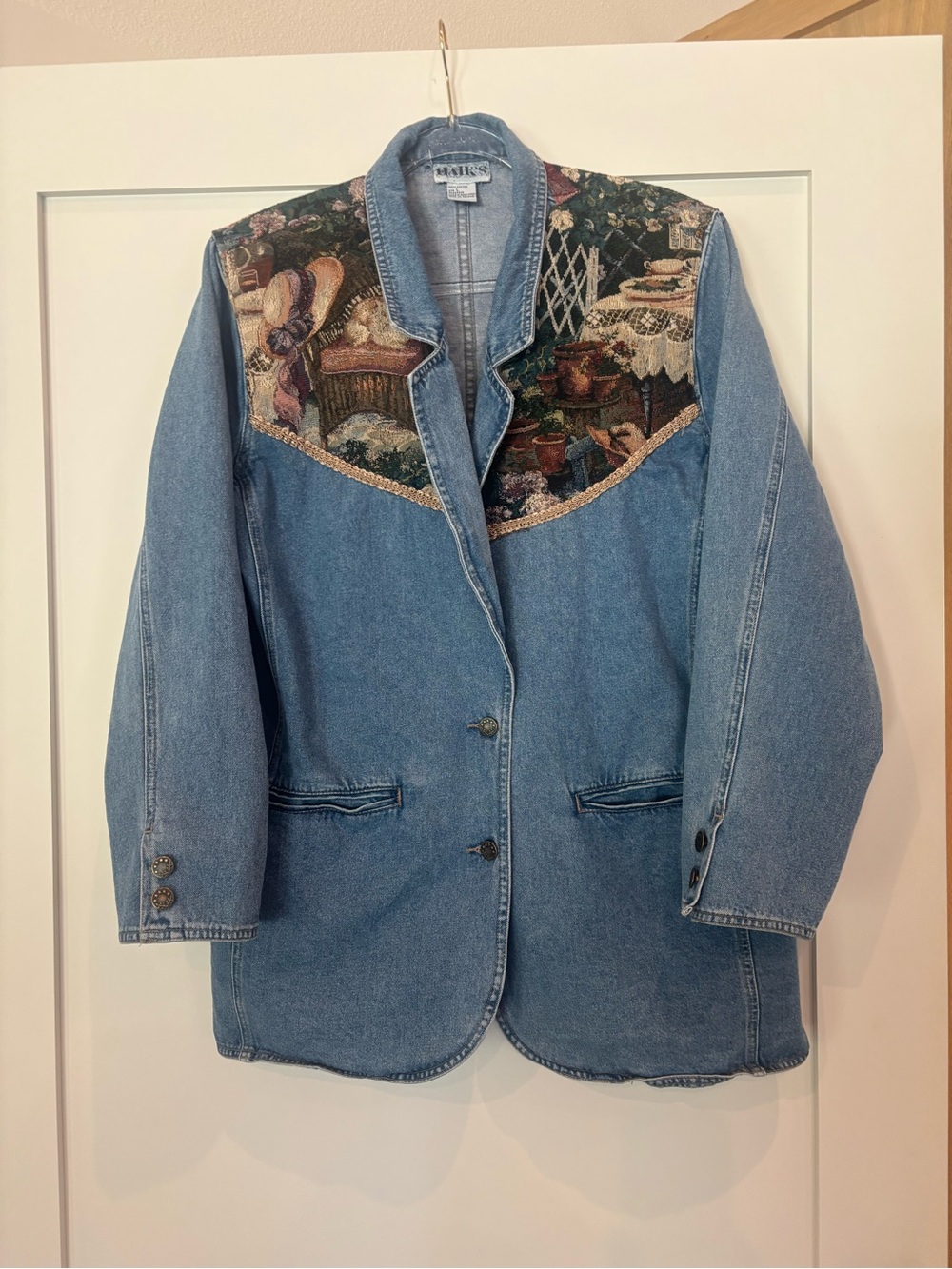 Vintage Denim Jacket with Tapestry Yoke w/ shoulder pads